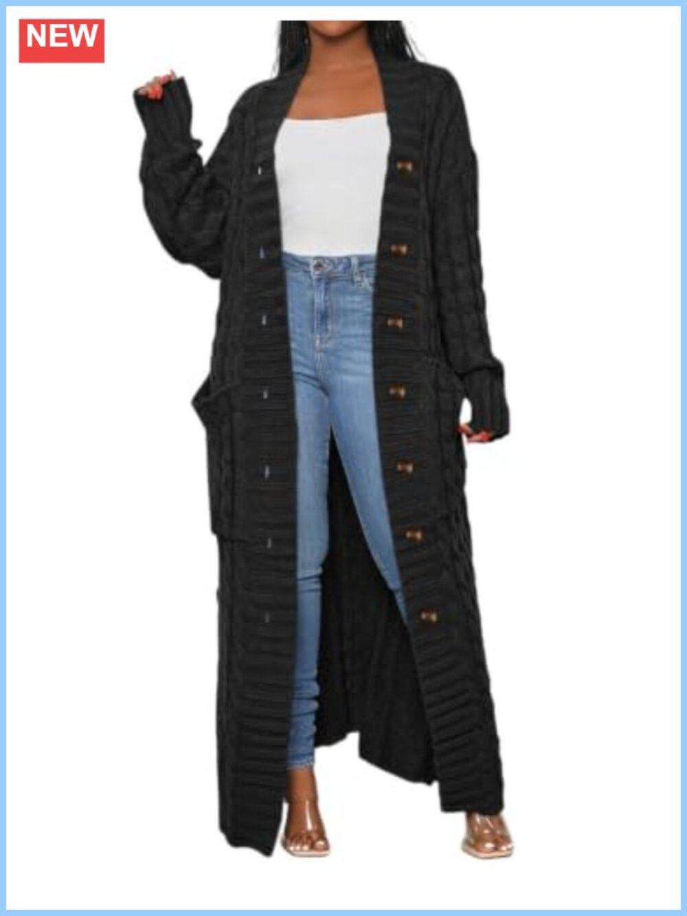 Women Chunky Cable Knit Dual Pocket Long Cardigan Sweater with Buttons